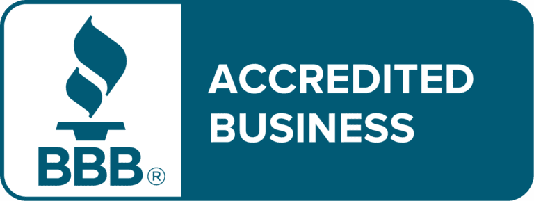 BBB accreditation badge for Calculated Moving featuring flame icon and "ACREDITED BUSINESS" text.