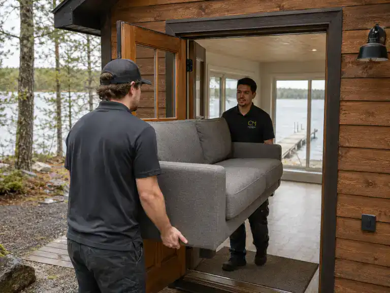 Calculated Moving team moving furniture to a Manitoba cabin, movers carrying a sofa through the open front door with a lake dock visible through the windows