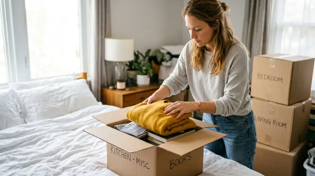 How to pack clothes for moving, woman folding sweater into open cardboard moving box on white linen bed