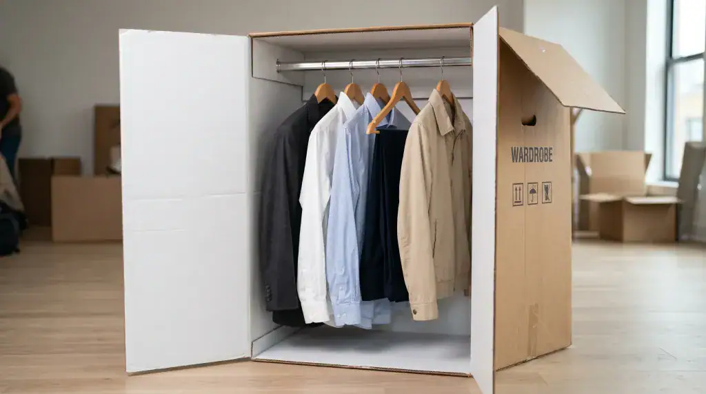 Hanging garment box for moving clothes, shirts, blazer and slacks on hangers inside open wardrobe moving box