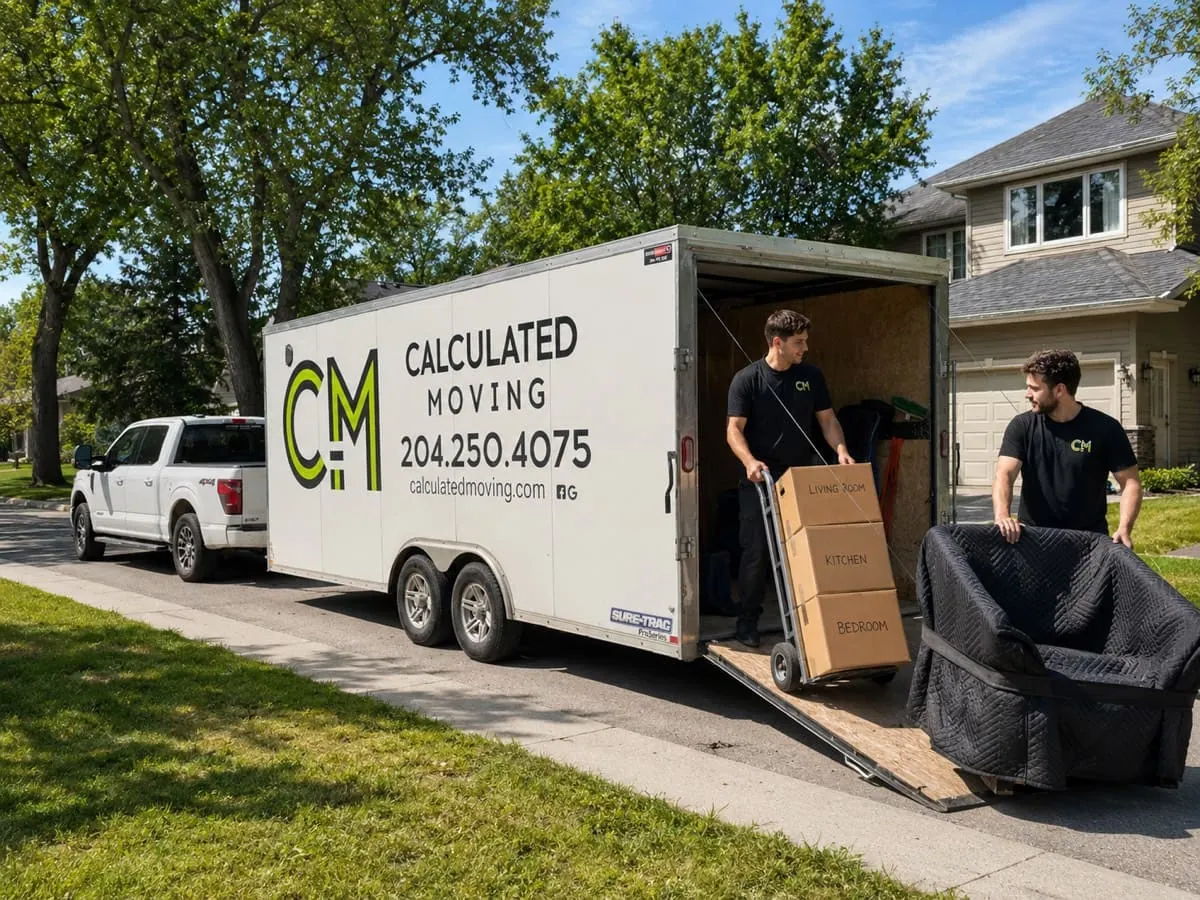 Calculated Moving crew loading a moving truck outside a Winnipeg home, illustrating how much movers cost in Winnipeg