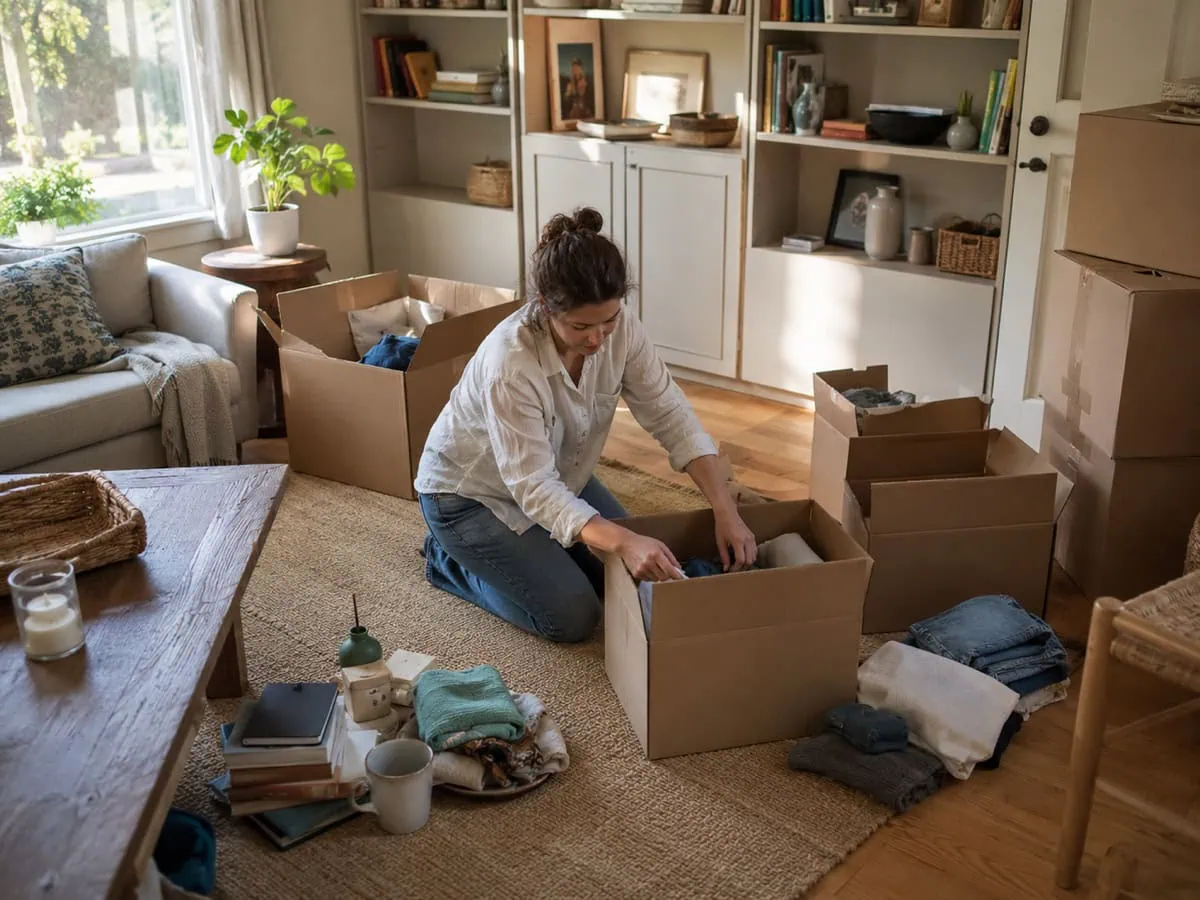 Person decluttering and packing boxes before a move to lower the cost of movers in Winnipeg