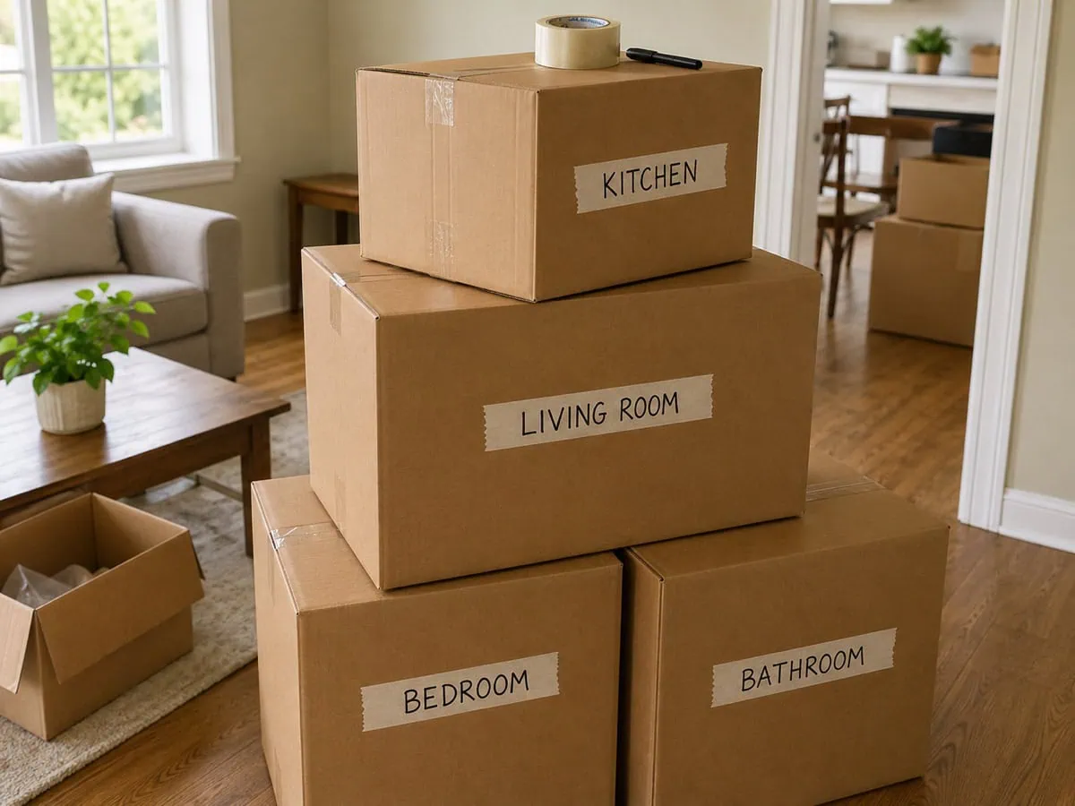 Labelled moving boxes stacked in a Winnipeg living room, the box count that most affects how much movers cost in Winnipeg