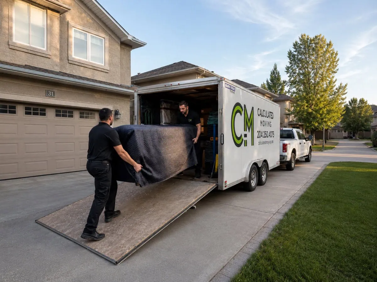 Two Winnipeg movers carrying a blanket wrapped sofa into a 24 foot trailer, showing the hourly crew that sets movers cost in Winnipeg