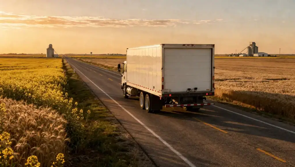 Long distance move from Winnipeg, a moving truck on a prairie highway at sunrise