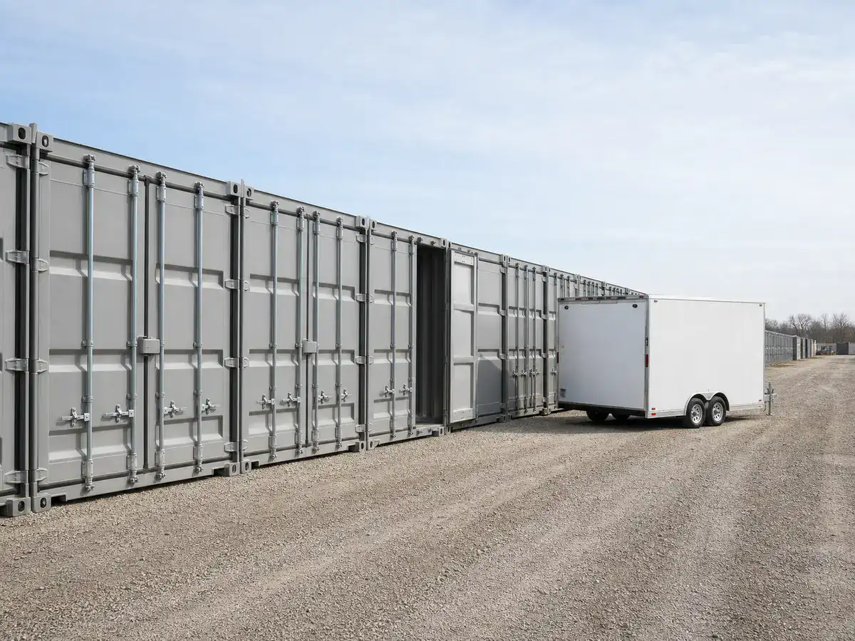 Grey ADM style storage containers and a moving trailer serving Winnipeg storage moves
