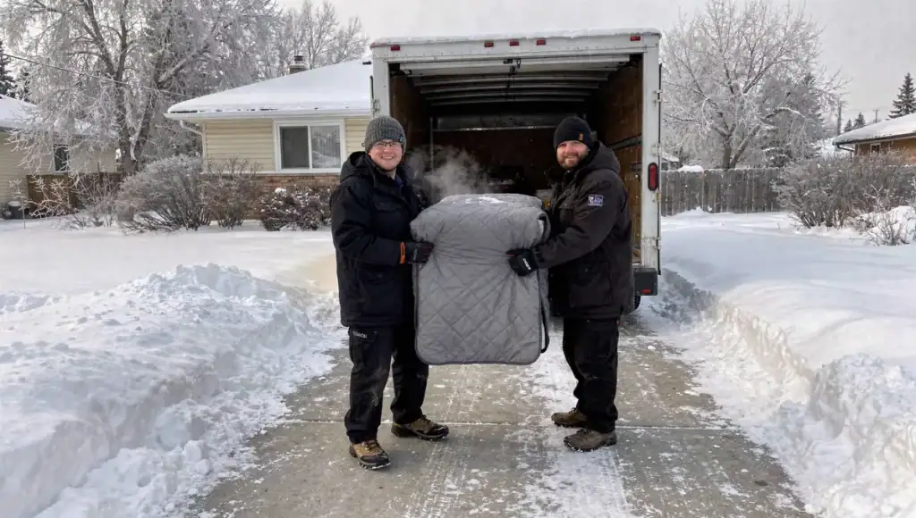 Winter moving in Winnipeg, movers in parkas carrying a wrapped item up a shovelled driveway