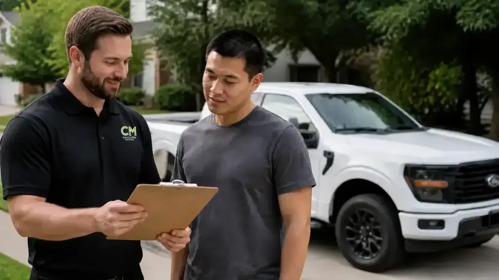 Questions to ask a moving company, a Winnipeg homeowner reviewing a clipboard with a Calculated Moving mover beside a white pickup