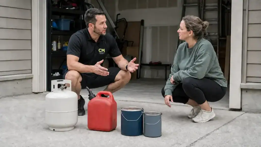 What movers will not move, a Calculated Moving mover discussing a propane cylinder, fuel can and sealed paint cans with a homeowner